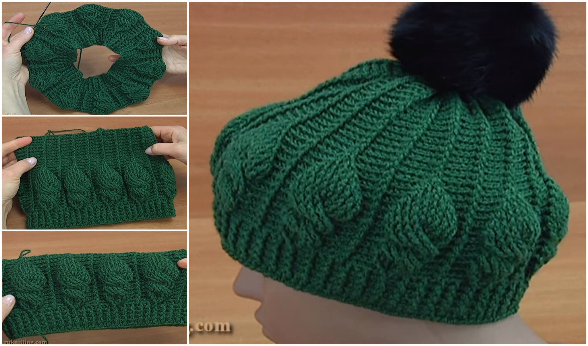 Crochet Cable Stitch Pom Pom Hat